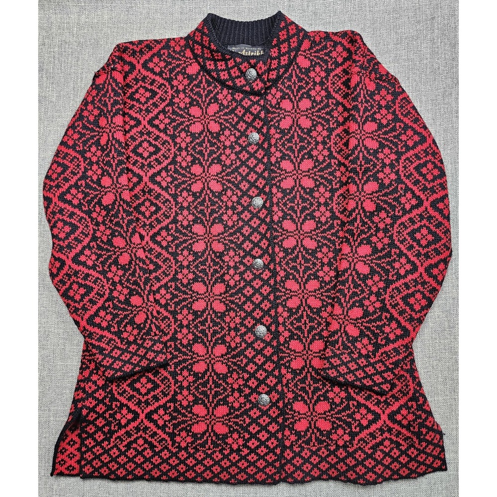 Nordstrikk Sweater Womens Medium Red Black Wool Fair Isle Cardigan Made Norway